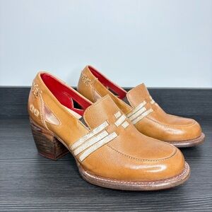 Bed Stu Leather Heeled Loafers Western - Size 7 -Chunky Block Heel Slip On Shoes